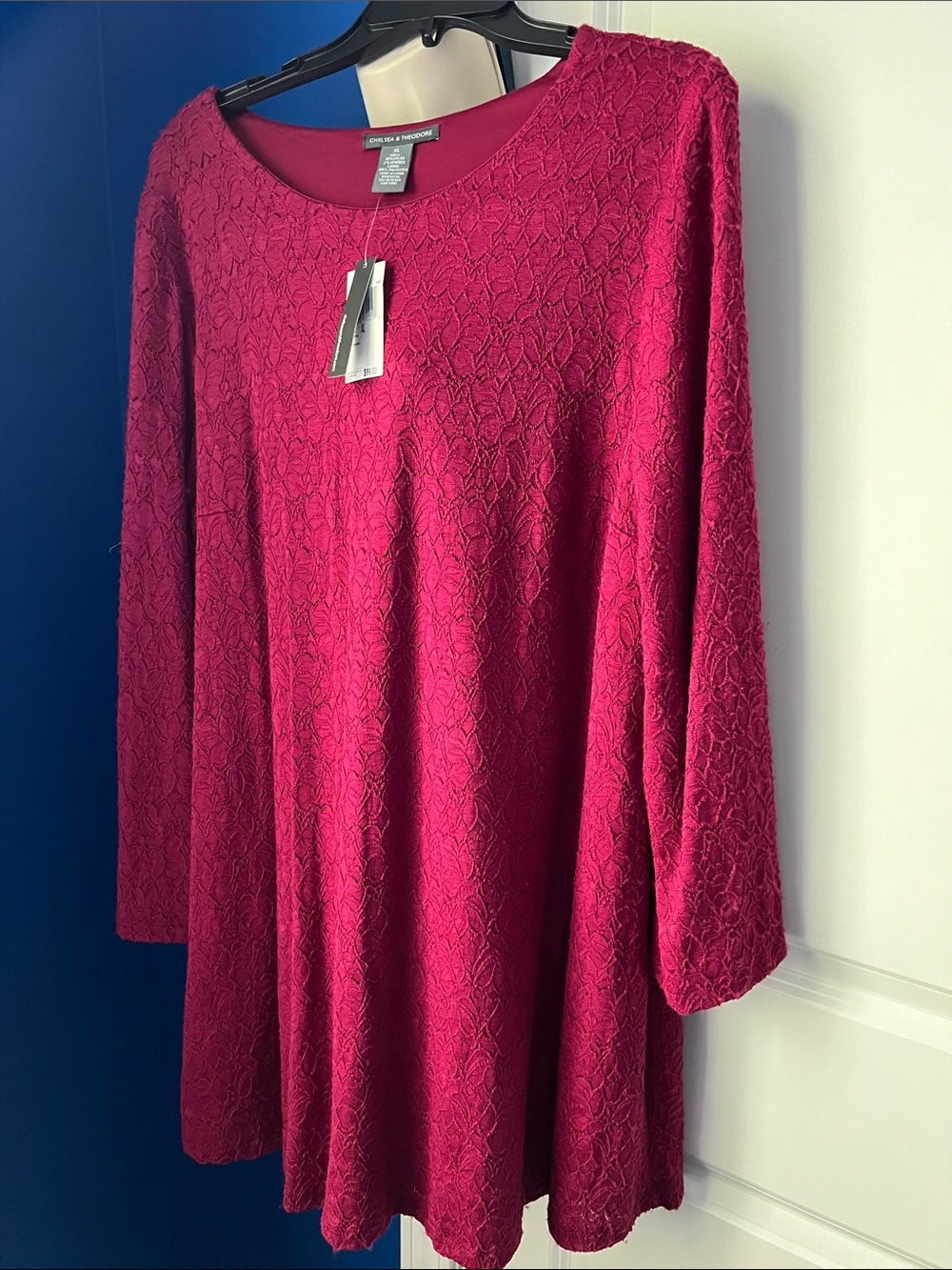 Chelsea & Theodore Fuchsia Lace Long-Sleeve Swing Dress. NWT
